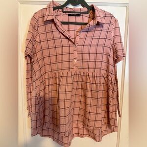 Doe & Rae Plaid Babydoll Button-Up Top